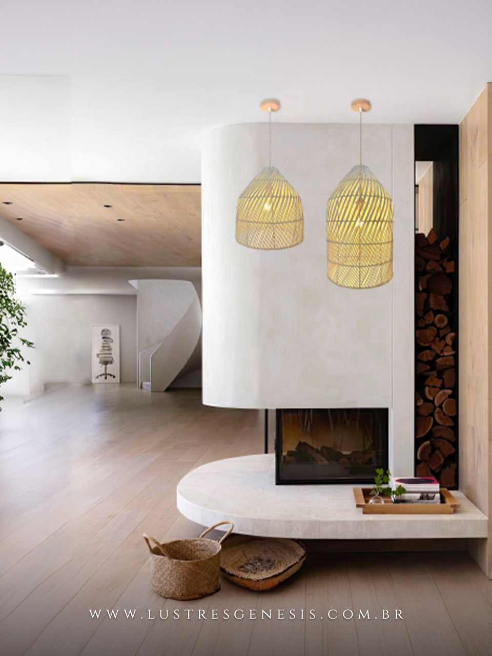 Pendente Gambier de 35cm em fibra natural de rattan, iluminado, ideal para mesas, balcão de cozinha, área gourmet e sítios